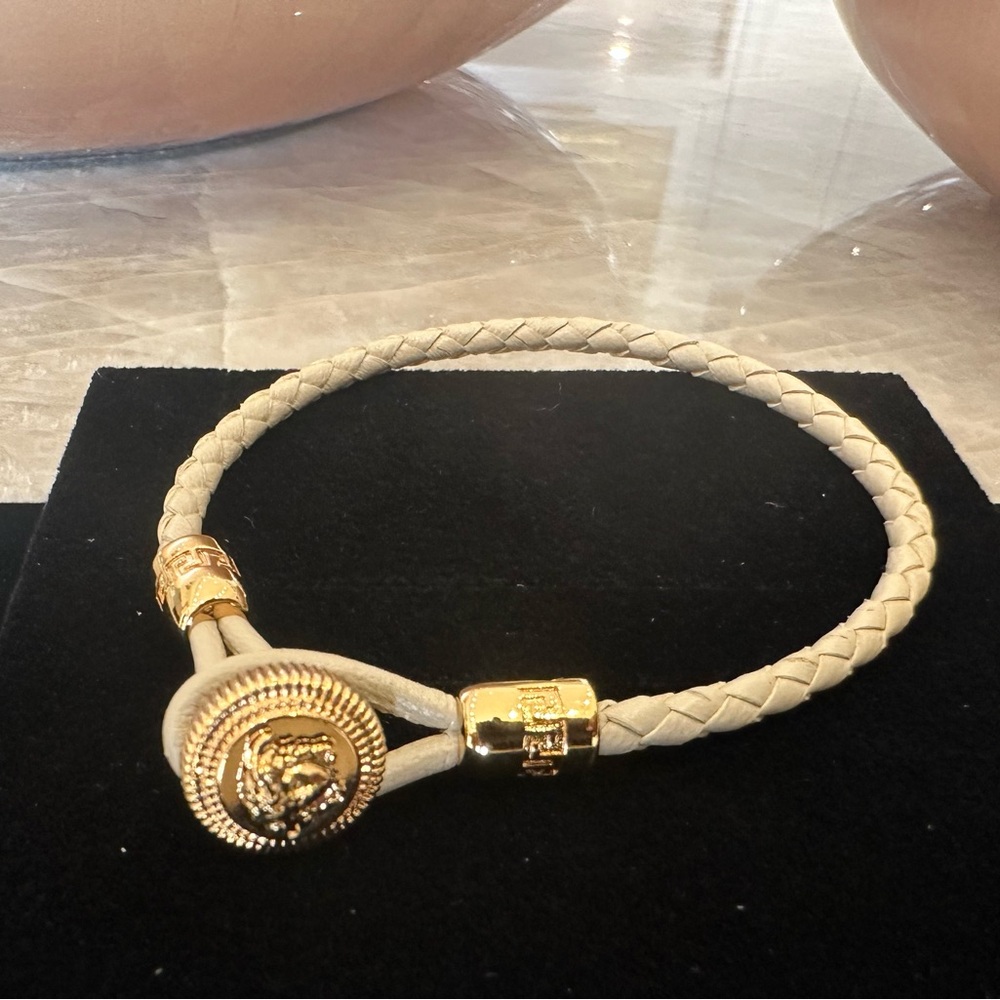 Versace Unisex Beige/Cream Braided Leather Bracelet w/ Gold Medusa Head Details - Picture 5 of 8